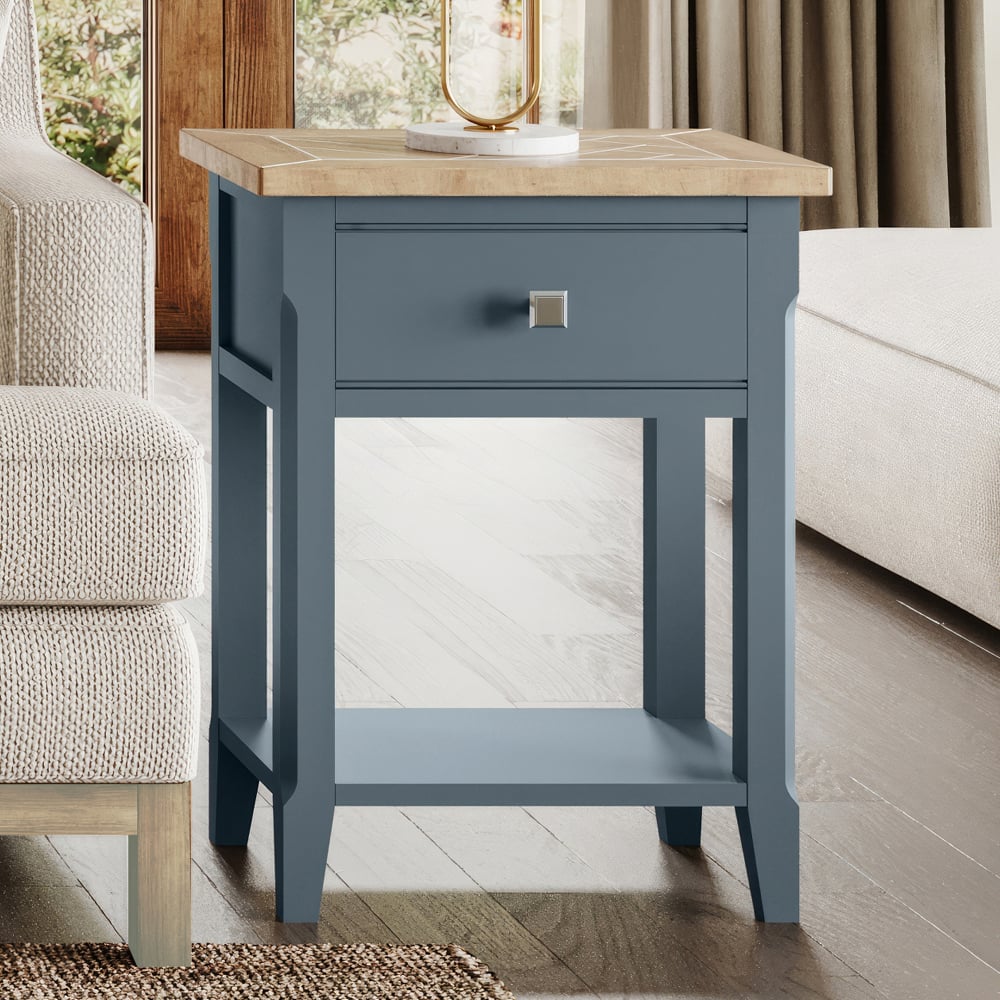 Sanford Wooden Lamp Table With 1 Drawer In Blue And Oak