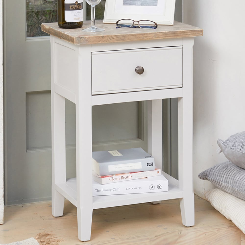 Sanford Wooden Lamp Table With 1 Drawer In Grey And Oak