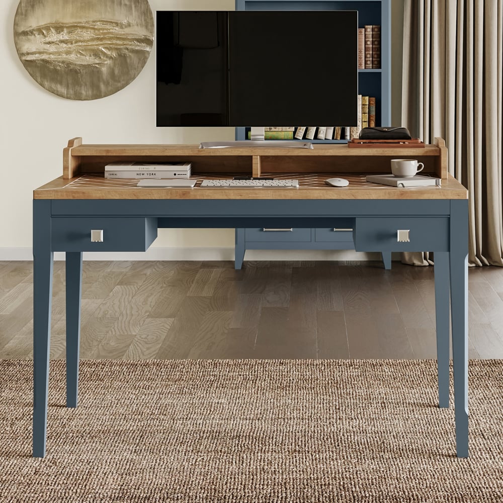 Sanford Wooden Laptop Desk With 2 Drawers In Blue And Oak