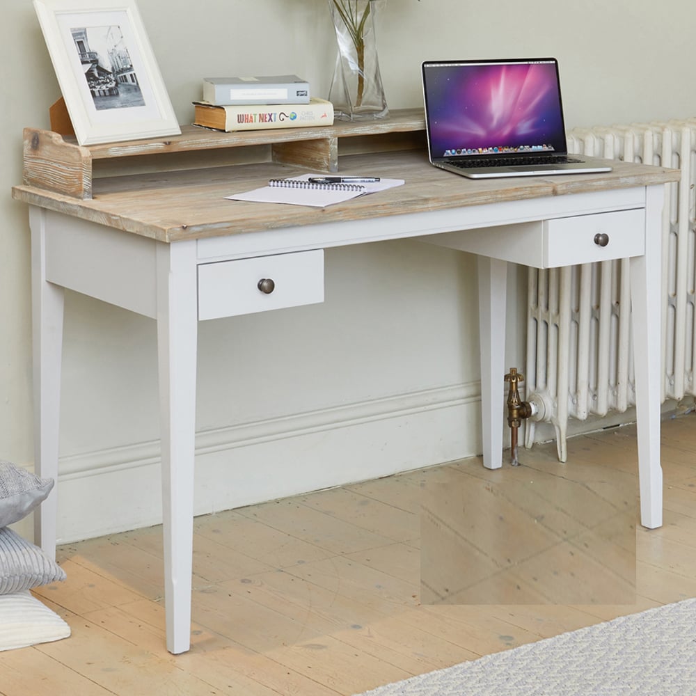 Sanford Wooden Laptop Desk With 2 Drawers In Grey And Oak