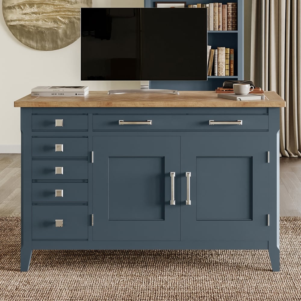 Sanford Wooden Laptop Desk With 3 Doors 5 Drawers In Blue And Oak