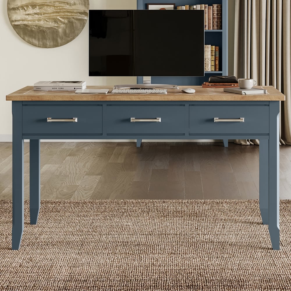 Sanford Wooden Laptop Desk With 3 Drawers In Blue And Oak