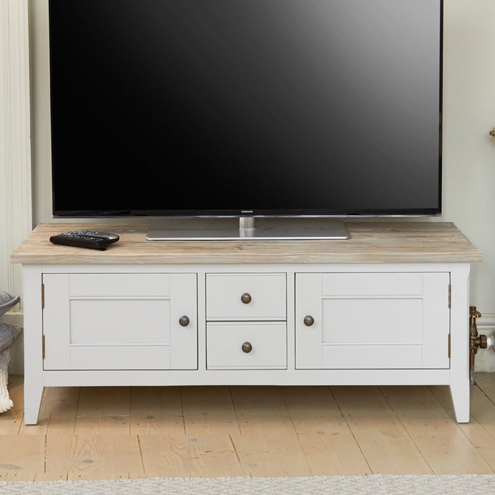 Sanford Wooden TV Stand With 2 Doors 2 Drawers In Grey And Oak
