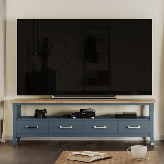 Sanford Wooden TV Stand With 4 Drawers In Blue