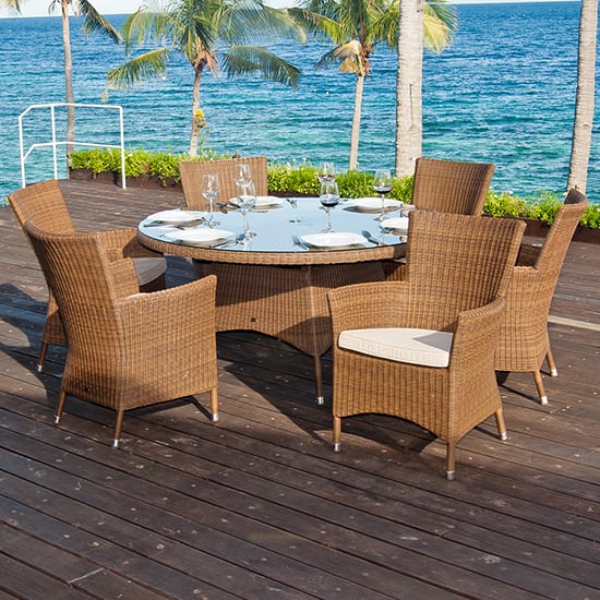 Read more about Sanmo outdoor 1200mm glass dining table 6 armchairs in red pine