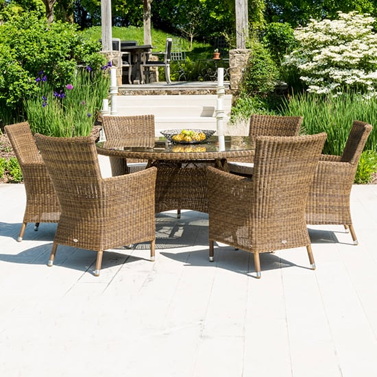 Read more about Sanmo outdoor 1500mm glass dining table 6 armchairs in red pine