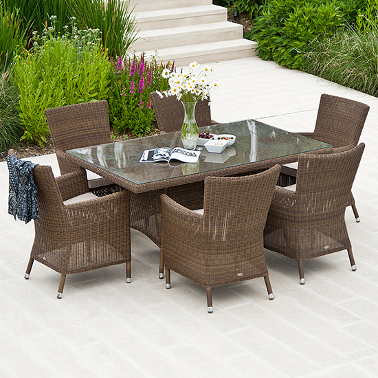 Read more about Sanmo outdoor 1600mm glass dining table 6 armchairs in red pine