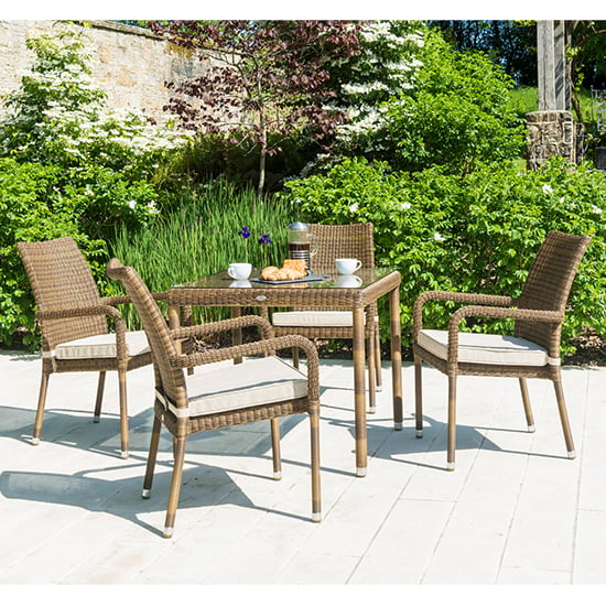 Product photograph of Sanmo Outdoor 810mm Glass Dining Table 4 Armchairs In Red Pine from Furniture in Fashion