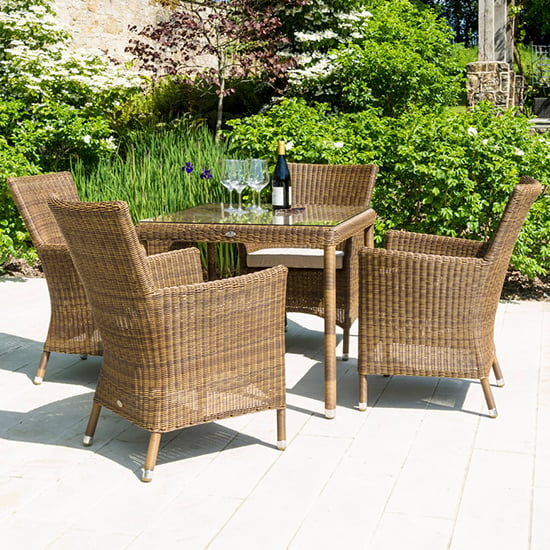 Read more about Sanmo outdoor 810mm glass dining table 4 square chairs in red pine