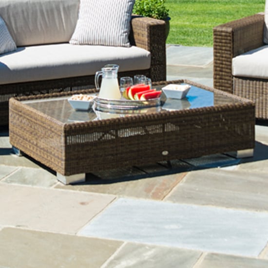 Photo of Sanmo outdoor clear glass top coffee table in red pine