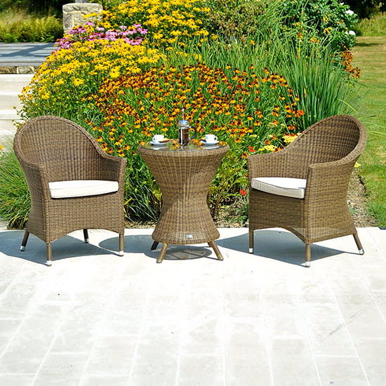 Read more about Sanmo outdoor glass bistro table 2 curved armchairs in red pine