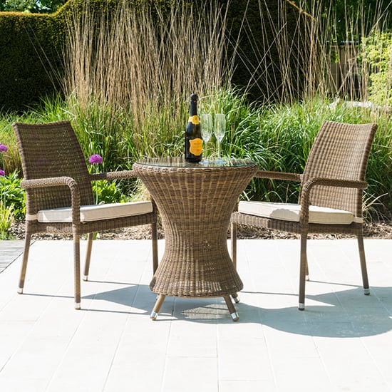 Read more about Sanmo outdoor glass bistro table with 2 armchairs in red pine