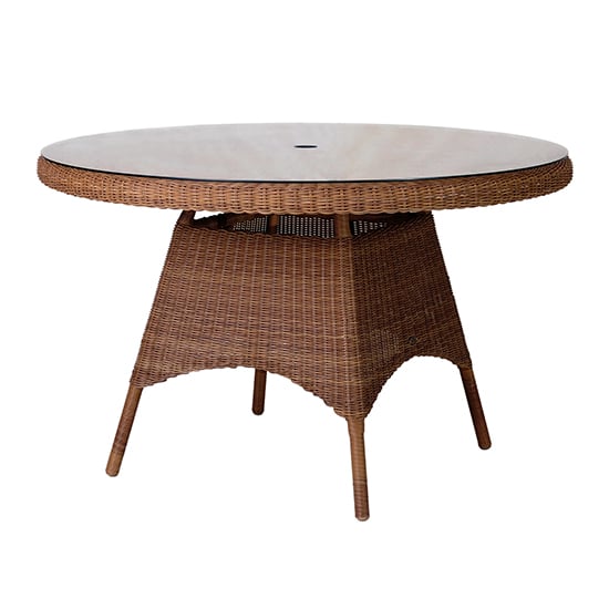 Product photograph of Sanmo Outdoor Round 1200mm Glass Top Dining Table In Red Pine from Furniture in Fashion