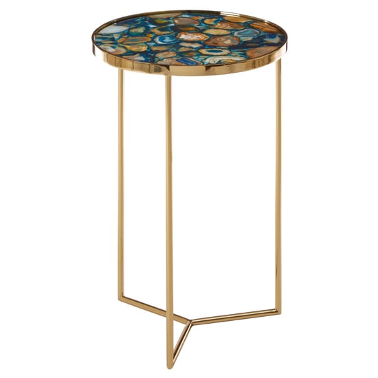 Sauna Round Agate Side Table With Gold Steel Frame In Blue