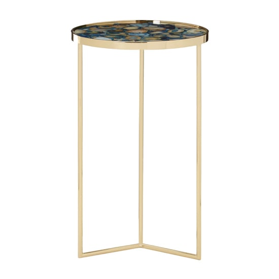 Sauna Round Agate Side Table With Gold Steel Frame In Blue