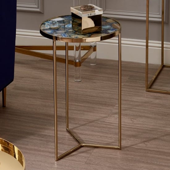 Photo of Sauna round agate side table with gold steel frame in blue