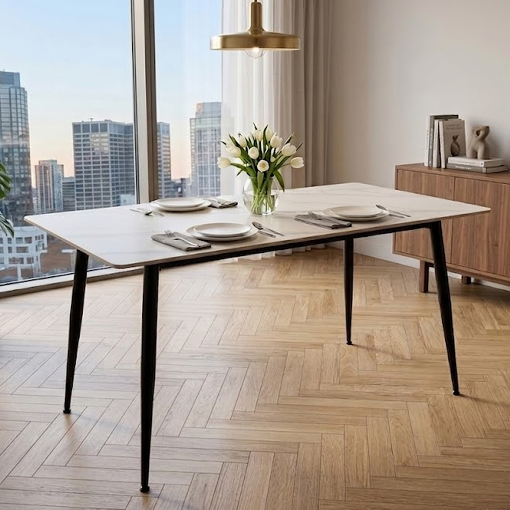 Santana Small Snow White Sintered Stone Top Dining Table with Black legs