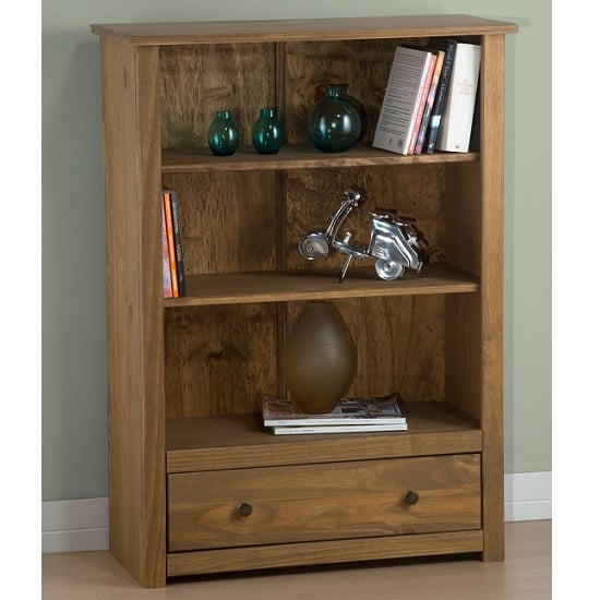 Read more about Santiago wooden bookcase in distressed pine with 1 drawer