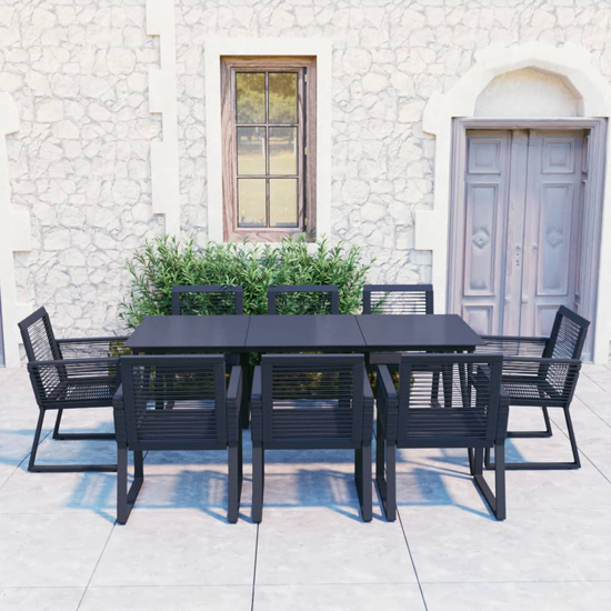 Product photograph of Santiago Large Pvc Rattan 9 Piece Outdoor Dining Set In Black from Furniture in Fashion