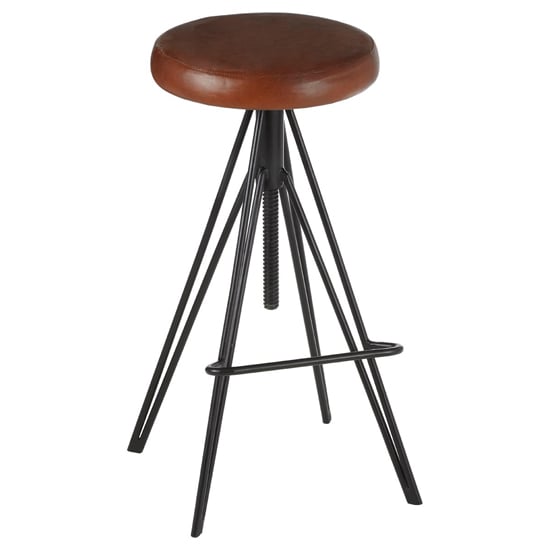 Photo of Santorini round brown leather stool with black metal leg