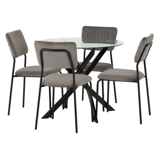 Sanur Clear Glass Dining Table Round With 4 Grey Velvet Chairs