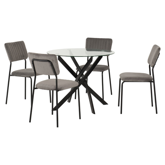 Sanur Clear Glass Dining Table Round With 4 Grey Velvet Chairs