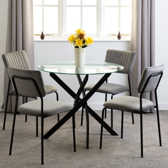Sanur Clear Glass Dining Table Round With 4 Grey Velvet Chairs