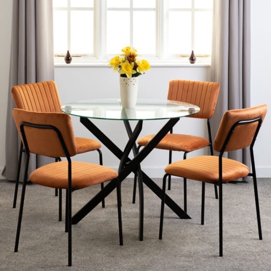 Product photograph of Sanur Clear Glass Dining Table Round With 4 Orange Velvet Chairs from Furniture in Fashion