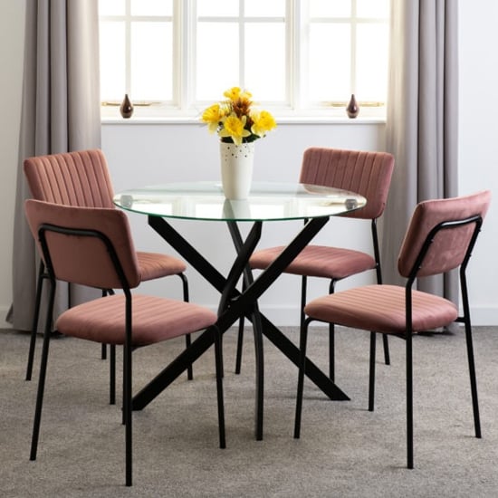 Product photograph of Sanur Clear Glass Dining Table Round With 4 Pink Velvet Chairs from Furniture in Fashion