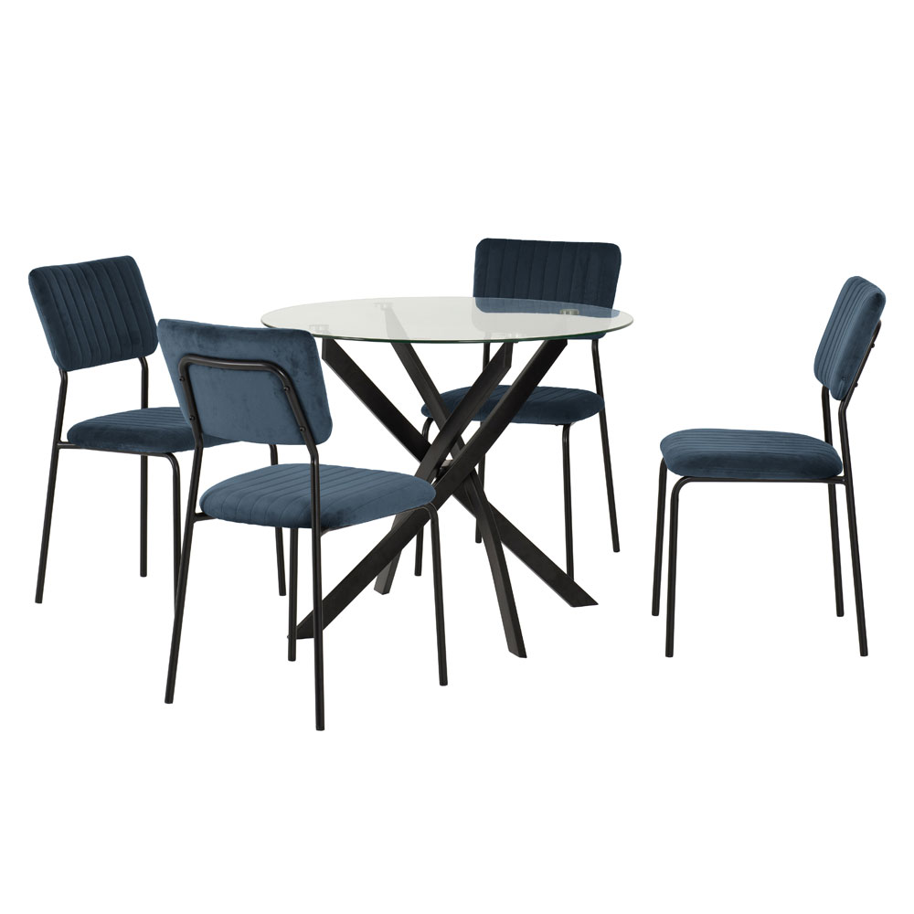 Sanur Clear Glass Top Dining Table with 4 Navy Blue Chairs