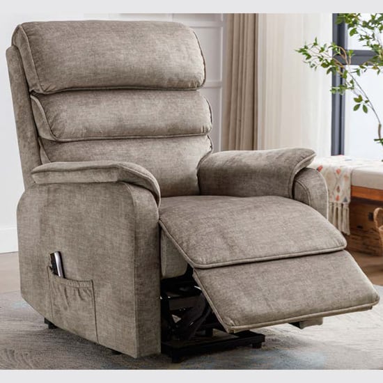 Product photograph of Sanur Electric Fabric Lift And Tilt Recliner Armchair In Taupe from Furniture in Fashion