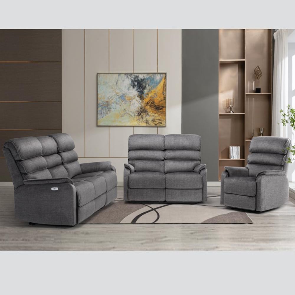Sanur Fabric Electric Recliner Sofa Suite In Grey