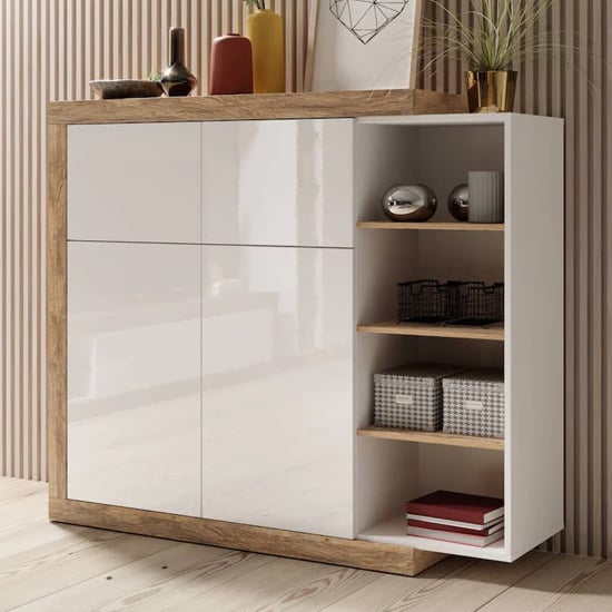 Product photograph of Sanur High Gloss Sideboard 2 Doors In White And Sandal Oak from Furniture in Fashion