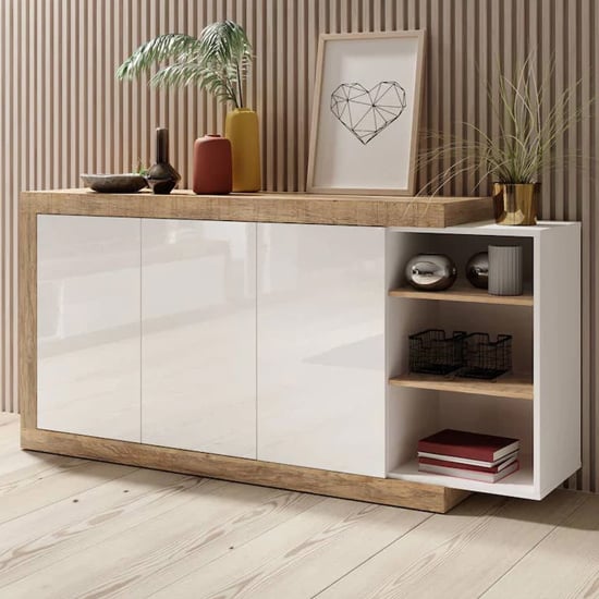 Product photograph of Sanur High Gloss Sideboard 3 Doors In White And Sandal Oak from Furniture in Fashion
