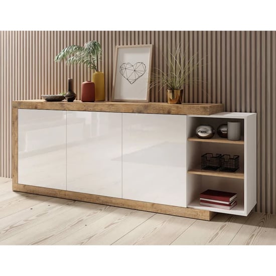 Product photograph of Sanur High Gloss Sideboard Wide 3 Doors In White And Sandal Oak from Furniture in Fashion