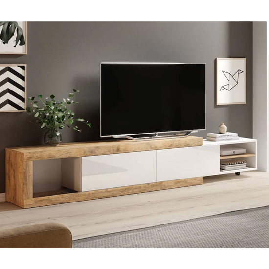 Sanur High Gloss TV Stand With 2 Doors In White And Sandal Oak