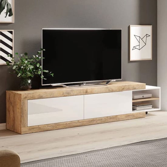 Product photograph of Sanur High Gloss Tv Stand With 2 Doors In White And Sandal Oak from Furniture in Fashion