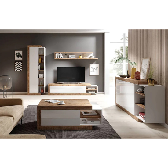 Sanur High Gloss Wall Shelf In White And Sandal Oak