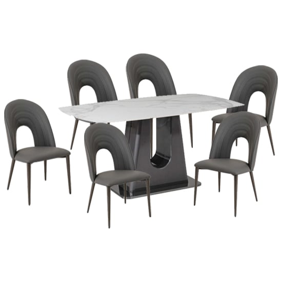 Product photograph of Sanur Sintered Stone Dining Table With 6 Dark Grey Chairs from Furniture in Fashion