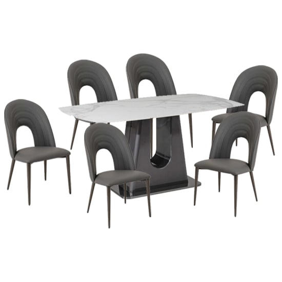 Read more about Sanur sintered stone dining table with 6 dark grey chairs