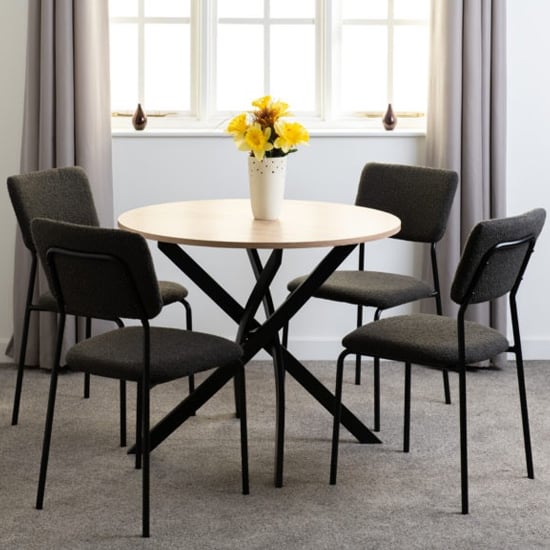 Sanur Sonoma Oak Dining Table Round With 4 Grey Fabric Chairs