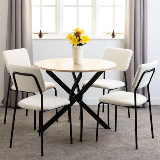 Sanur Sonoma Oak Dining Table Round With 4 Ivory Fabric Chairs
