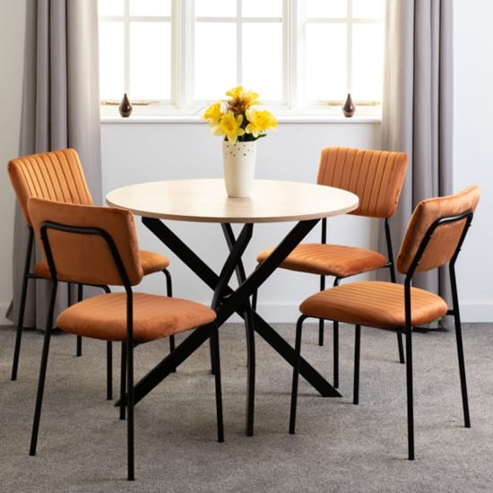 Product photograph of Sanur Sonoma Oak Dining Table Round With 4 Orange Velvet Chairs from Furniture in Fashion