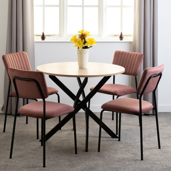 Product photograph of Sanur Sonoma Oak Dining Table Round With 4 Pink Velvet Chairs from Furniture in Fashion