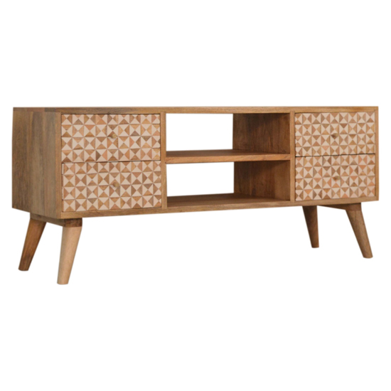 Sarina Wooden TV Stand In Oak Ish And White Inlay