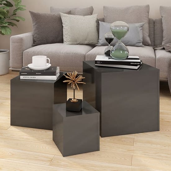 Sarki High Gloss Set Of 3 Cube Side Tables In Grey