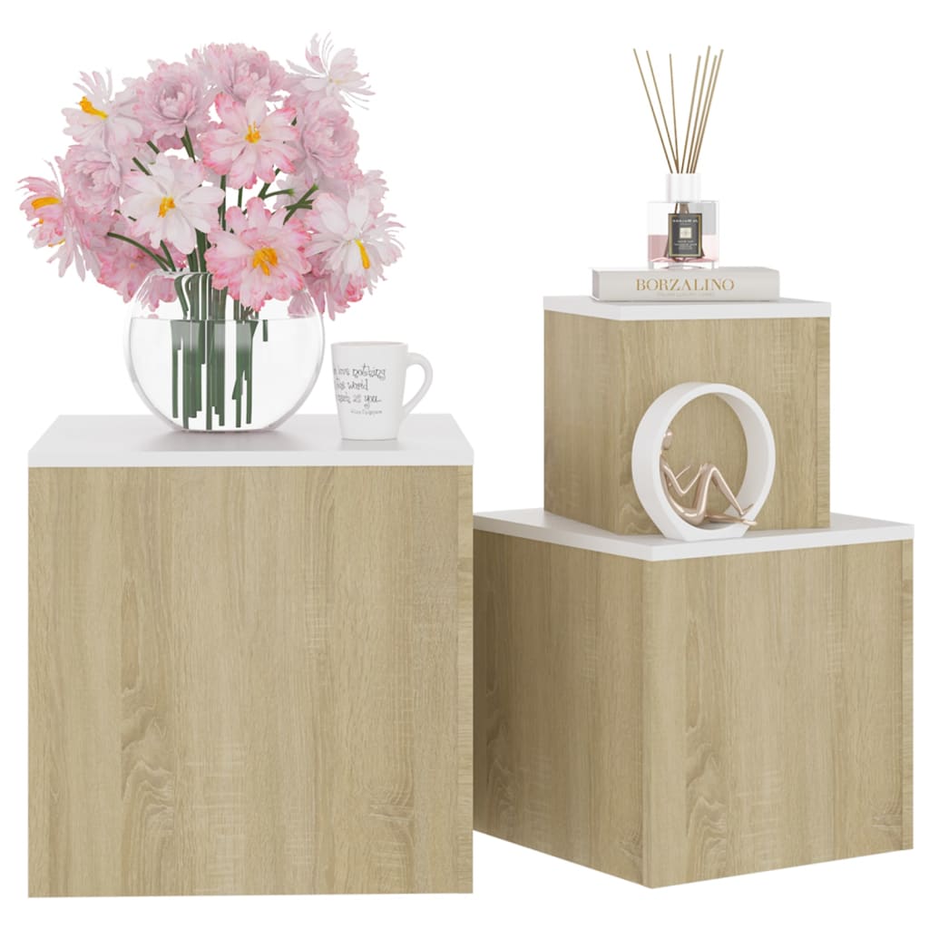 Sarki Wooden Set Of 3 Cube Side Tables In Sonoma Oak And White_2
