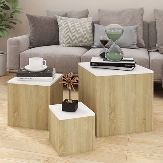 Sarki Wooden Set Of 3 Cube Side Tables In Sonoma Oak And White