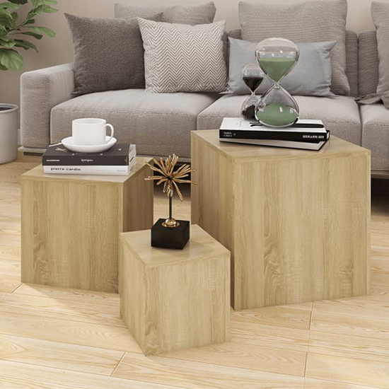 Sarki Wooden Set Of 3 Cube Side Tables In Sonoma Oak