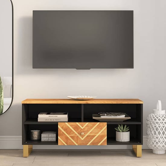 Read more about Sarlat mangowood tv stand 1 drawer 4 shelves in brown and black